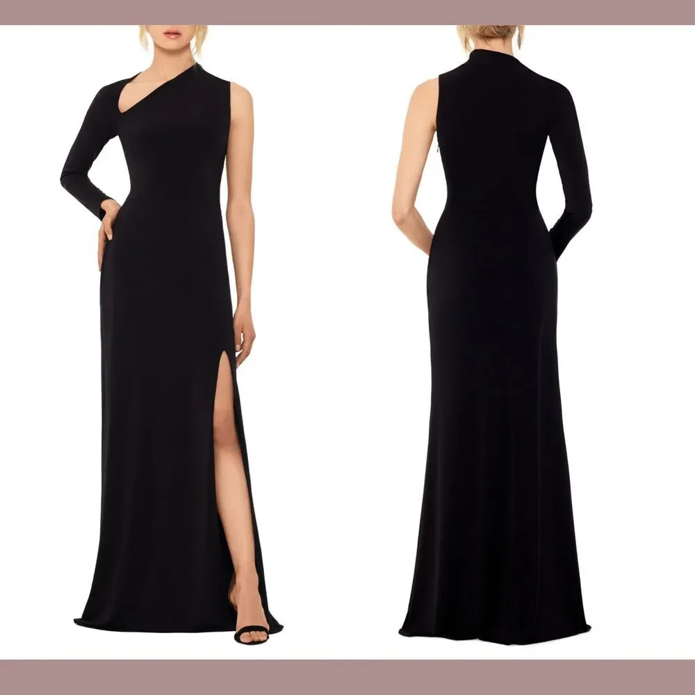 NWT $199 Betsy & Adam [ 8 ] One Shoulder Single Long Sleeve Gown‎ Black